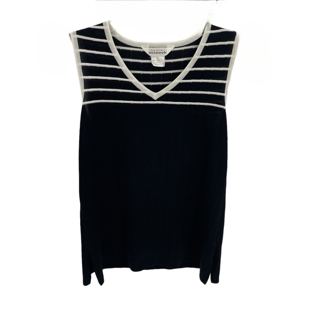 Exclusively Misook Black White Sleeveless Sweater Size Small Side Slits